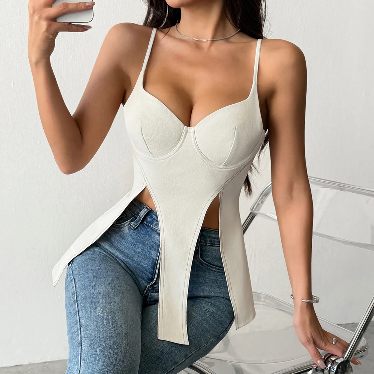 Whisper Lumi Women Y2K Spaghetti Strap Cami Top Sexy Irregular Hem Tank Top Pure Desire Street Elegant Casual Blouse