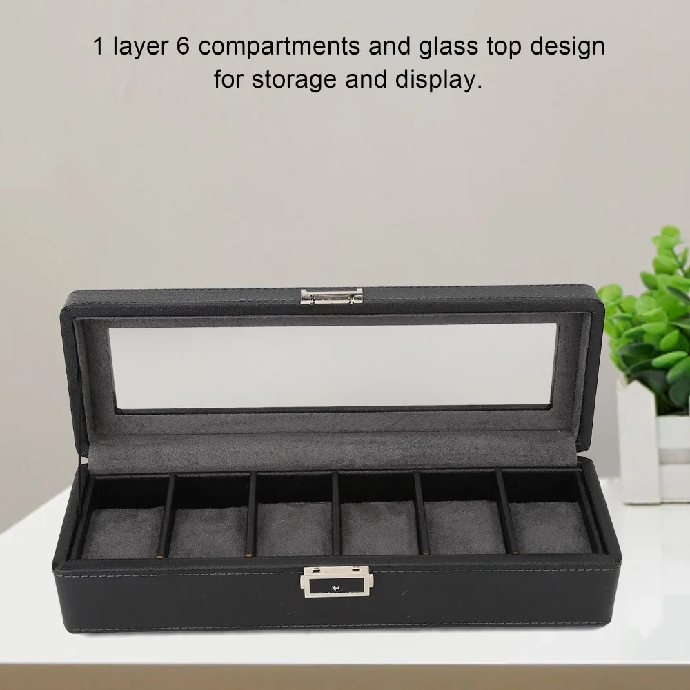 PU leather, flannel, acrylic. 6 Slots Watch Storage Box Black 33.5*9*19.5cm Single Layer Watch Jewelry Case