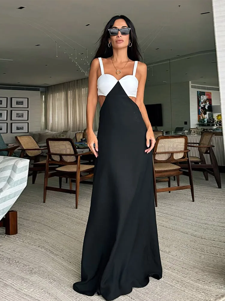 Women Fashion Color Collision Splicing Sling Long Dress Sexy Hollow Out Backless Sleeveless A-line Dresses Lady Highstreet Robes