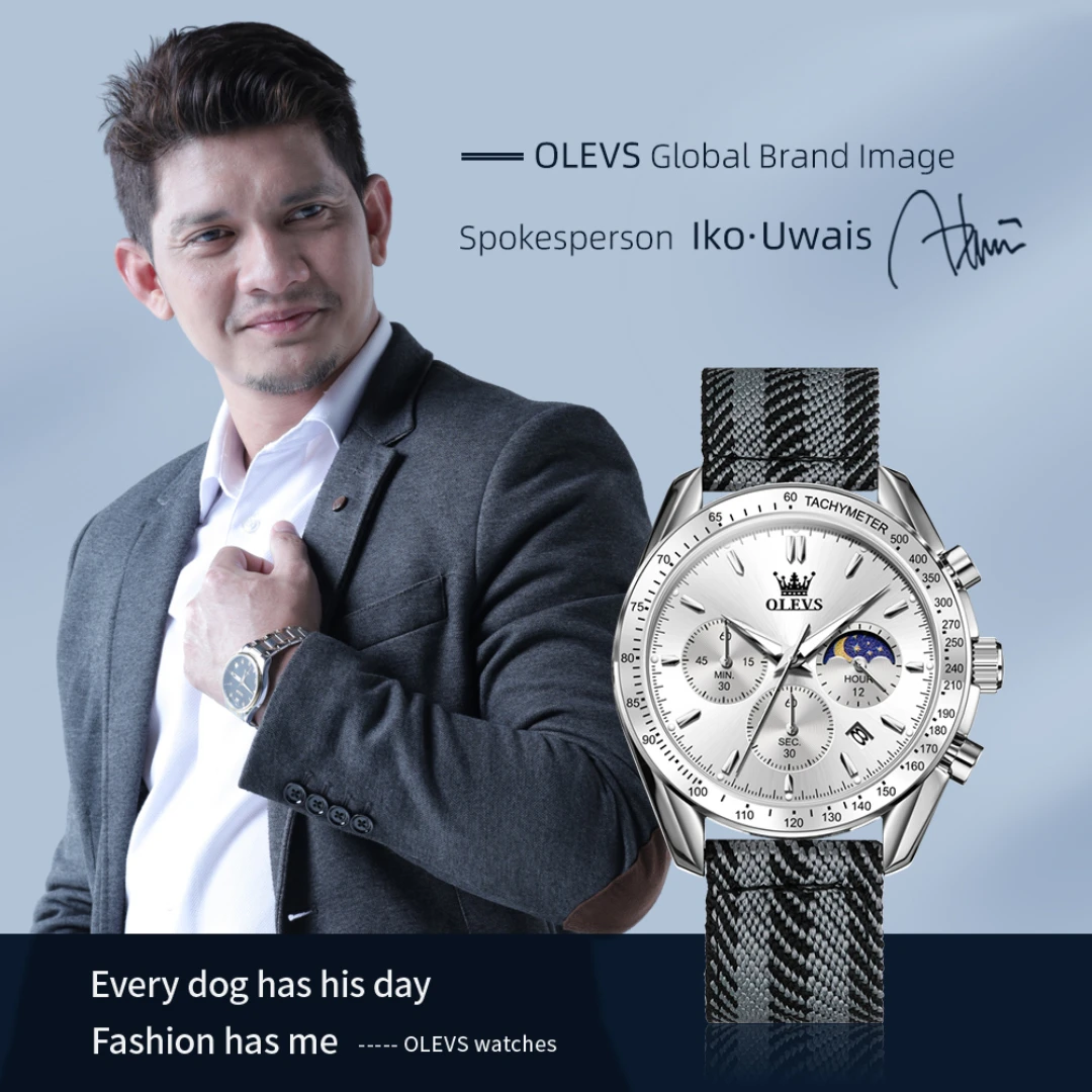 OLEVS 3630 Sport Quartz Watch Gift Round-dial Nylon Watchband Wristwatch Moon Phase Calendar Luminous