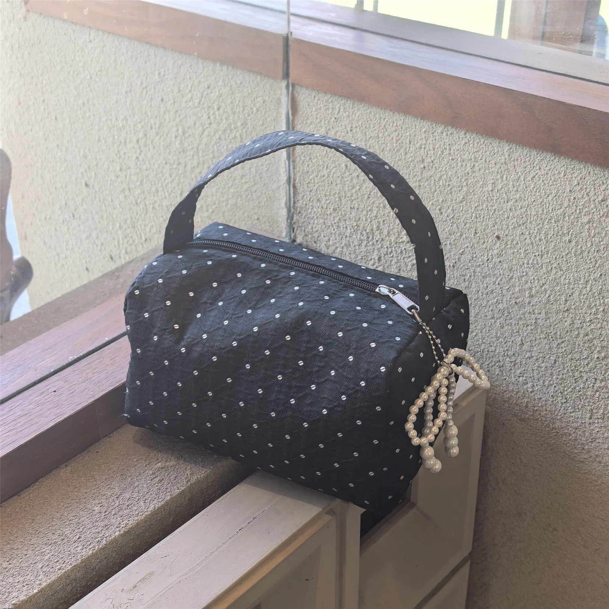 Black Polka Dot Cosmetic Handbag for Women Autumn Portable Travel Makeup Toiletry Bag Good-looking Stain-resistant Storage Bag