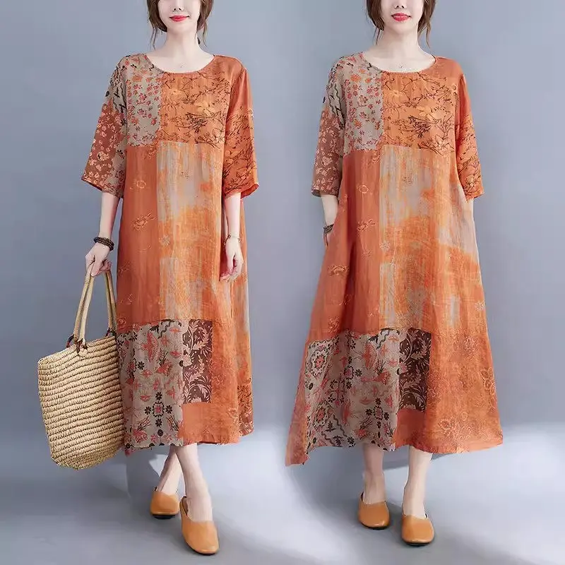 

Dresses Women's Spring/Summer 2024 New Literary Retro Style Abstract Print Loose Casual Split Light And Thin Linen Dress K012