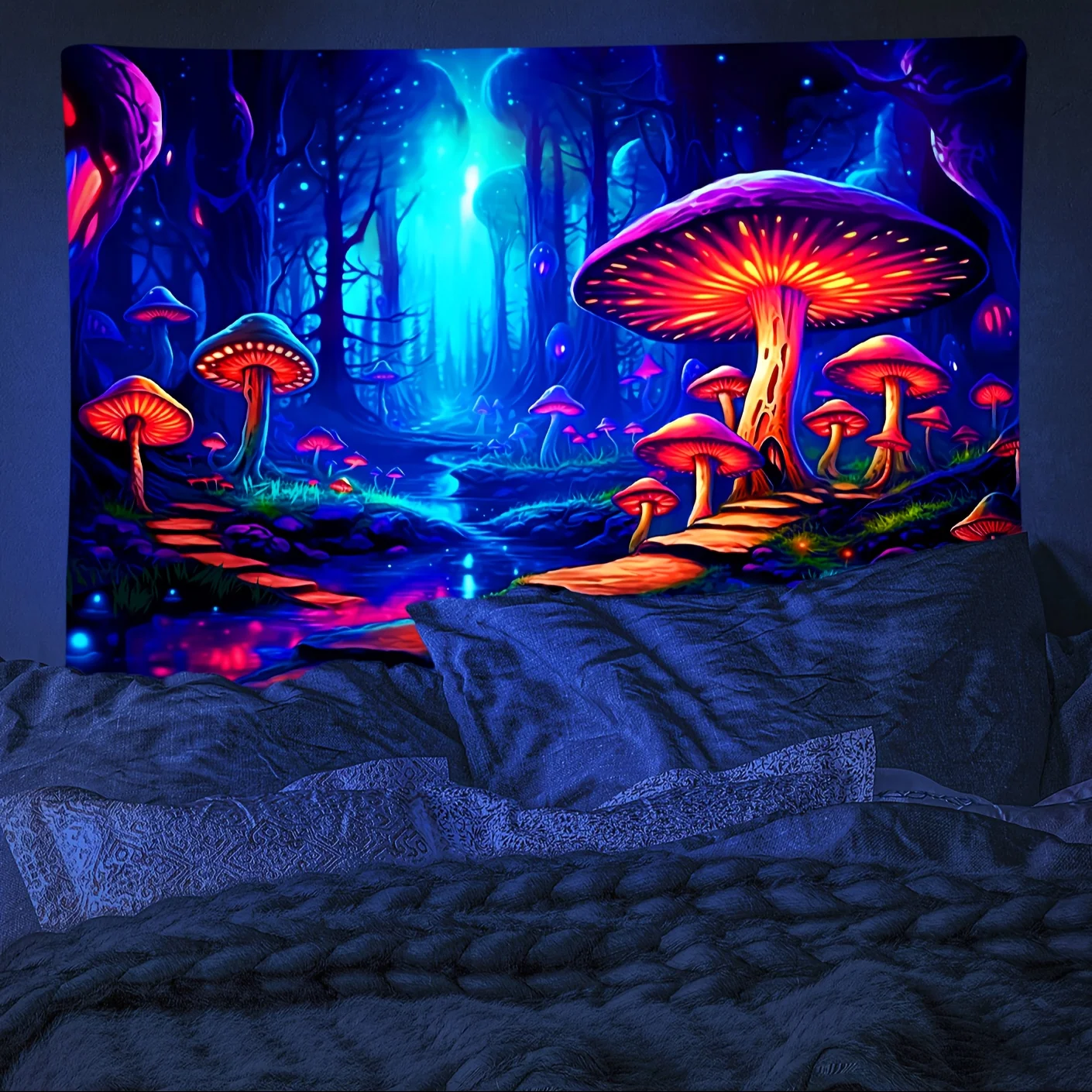 VIKAMA Neon Mushroom Forest Tapestry Psychedelic Art Wall Hanging Dorm Camping Atmosphere Room Decor