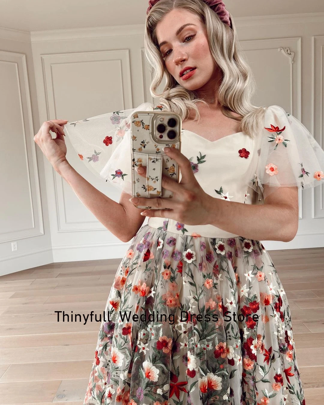 Thinyfull A-line Floral Prom Dress Short Sleeve Tea-Length Evening Party Gown 2023 Tulle Formal Event Dress Vestidos De Noche