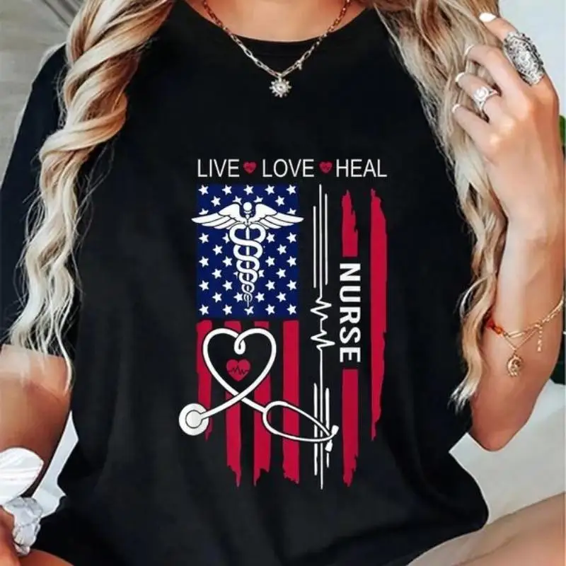 

American Nurse T-Shirt, Live Love Heal Graphic Tee, Women's Men's USA Flag Nurse Life Top, Patriotic Medical Staff Gift Shirt