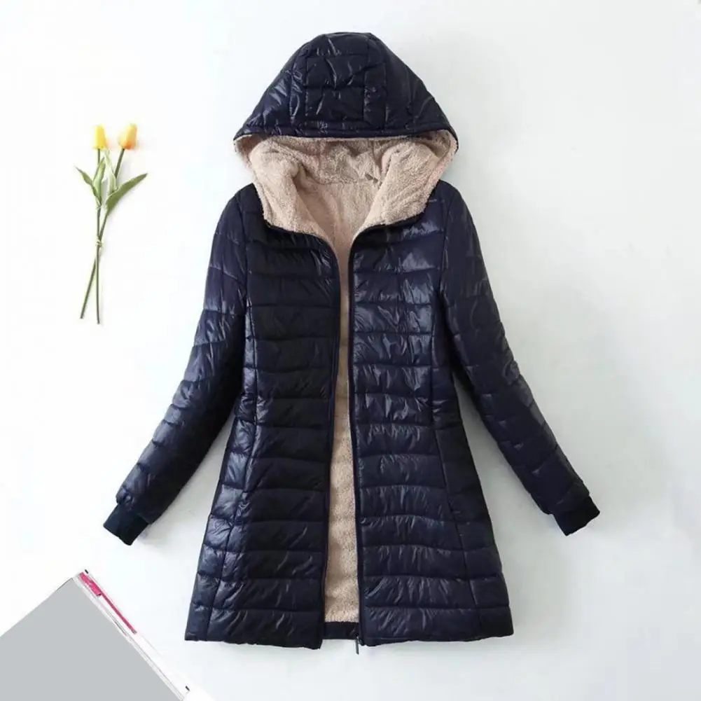 Women Winter Coat Hooded Thick Plush Padded Slim Fit Windproof Zip-up Long Sleeves Elastic Cuff Outdoor Jacket Thermal Outwear