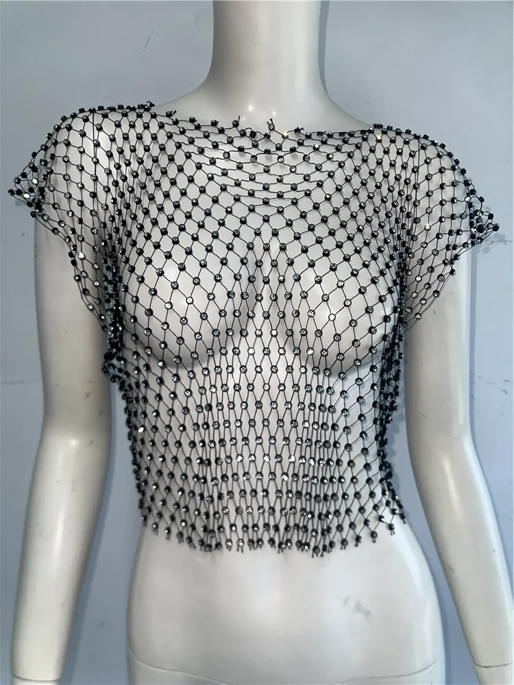 Haut court en résille pour femmes, Sexy, strass brillants, débardeur Y2K, transparent, Cover-Up pour la plage, vêtements de fête, boîte de nuit, été