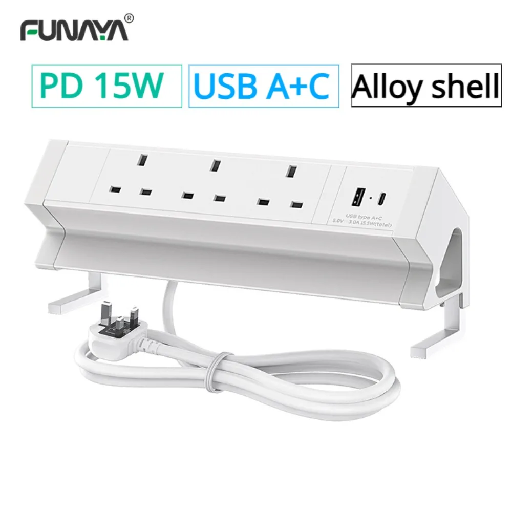 

UK Table Hidden Embedded Socket 13A 2500W 3 Outlet with USB A C PD15W Fast Charge TypeC Extension Cable Electrical Alloy Sockets