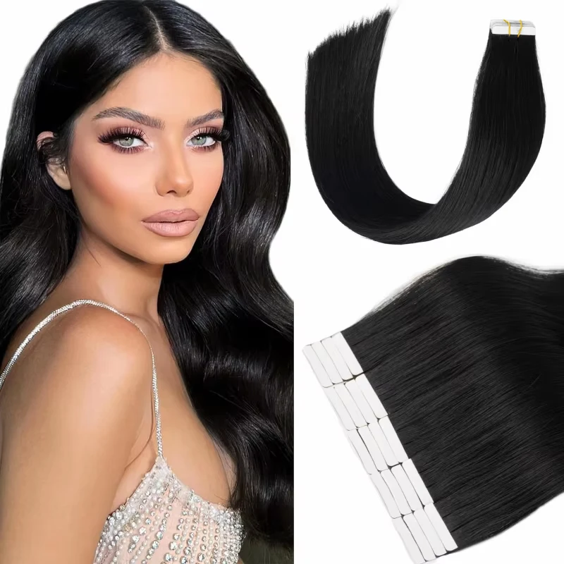 Tape in Hair Extensions Natural Black Real Human Hair 20 Pieces Remy Hair Extensions Straight Seamless Skin Weft Hair Extensions