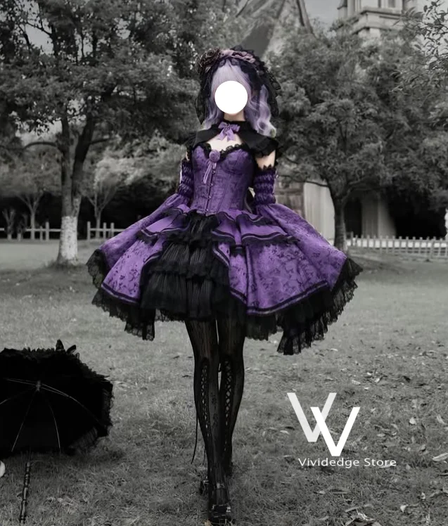 Victorian Purple Black Gothic Lolita Prom Dresses Off Shoulder Flare Sleeve Lace Ruffle Cosplay Costume Party Dress Customized