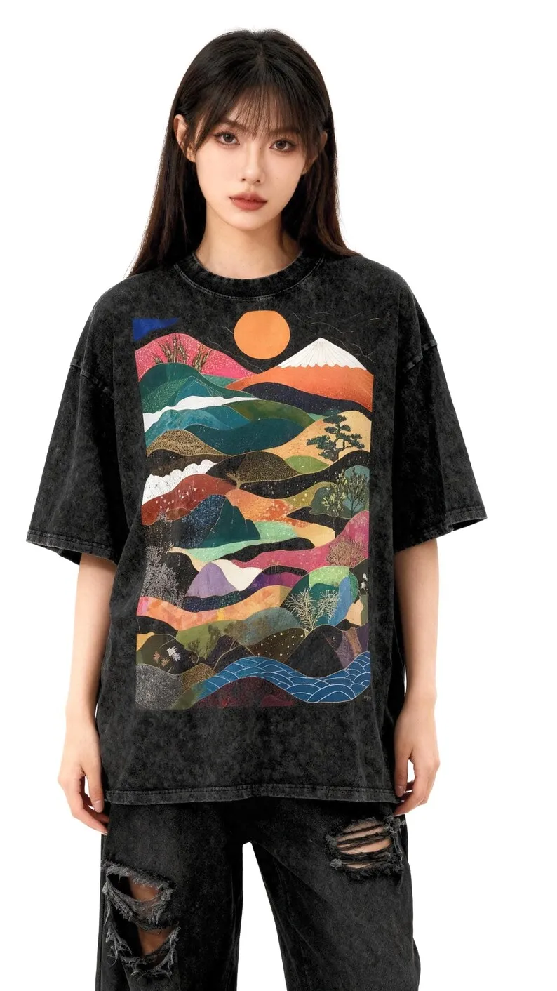 Personalidade roupas ondas japonesas oversize neve lavada camiseta, unisex adequado para todas as estações lavado vintage solto respirável