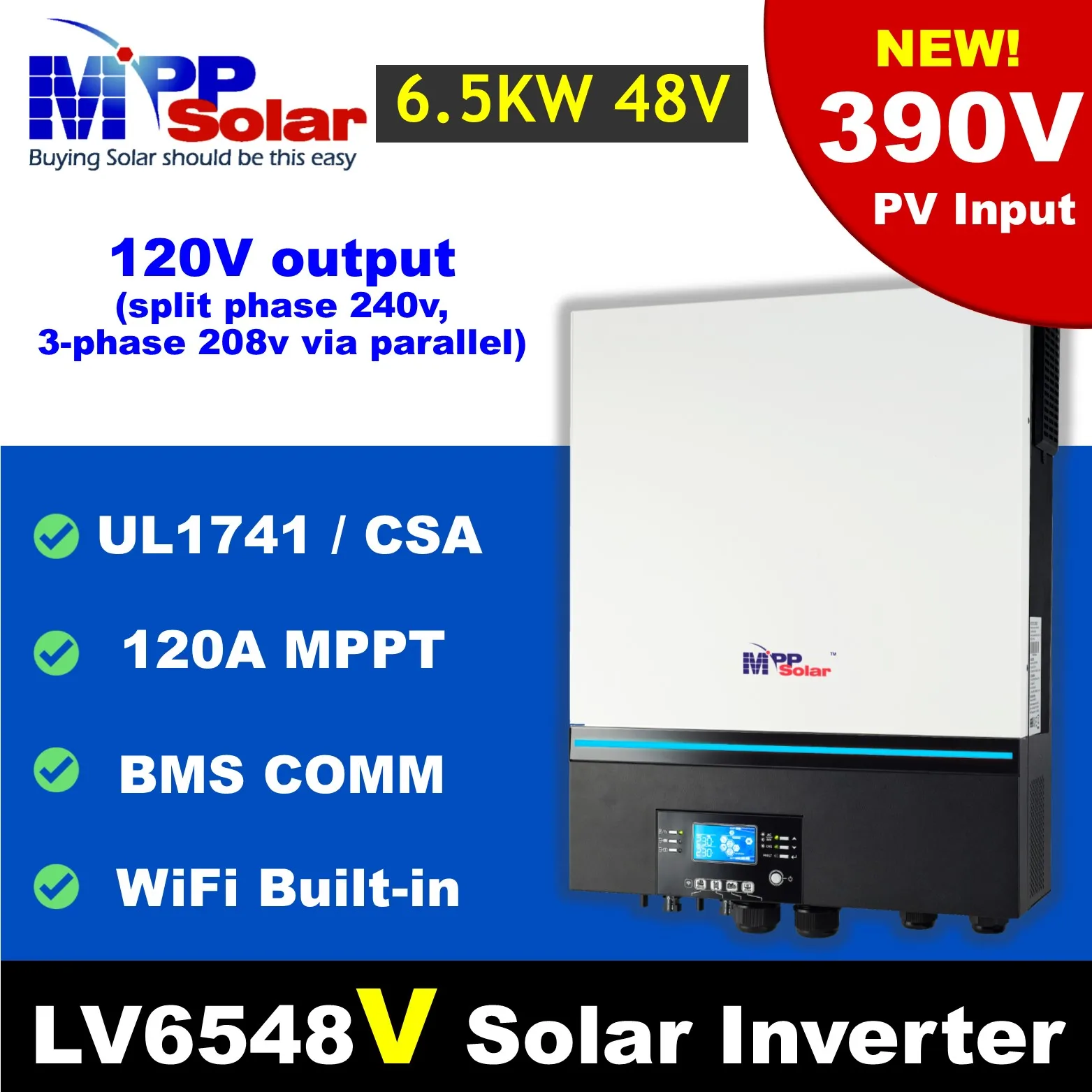 LV6548V 6500w 390v PV mppsolar pure sine wave inverter 120v 48v UL1741 WiFi Dual 120A MPPT solar charger Split phase capable