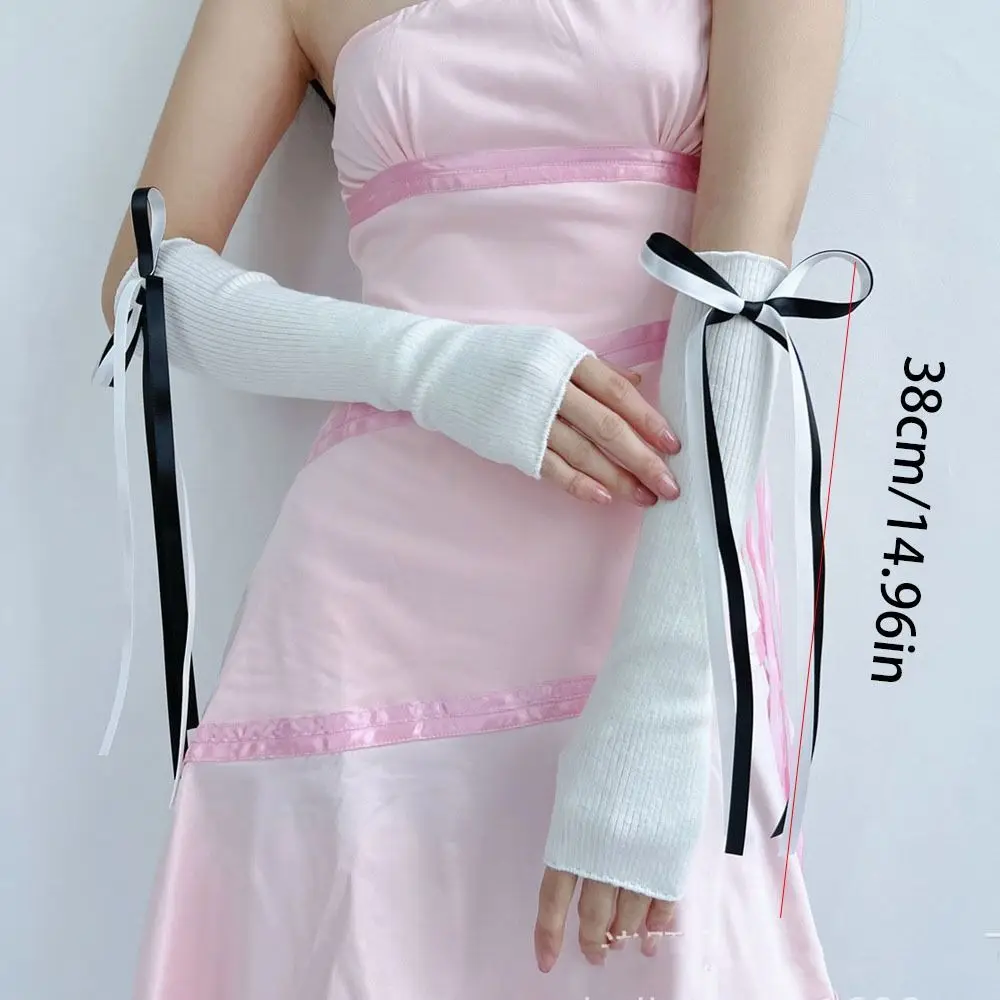 Elastic Y2K Warm Sleeves Bowknot Ribbon Ballet Style Bow Knitted Arm Warmers Long Mittens Sweet Fingerless Gloves