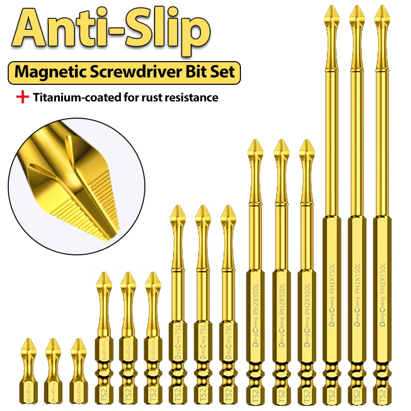PH2 Anti Slip Magnetic Screwdriver Bit TS2 Steel Titanium Coated Torsion Zone High Torque Hex Shank Impact Driver Bit