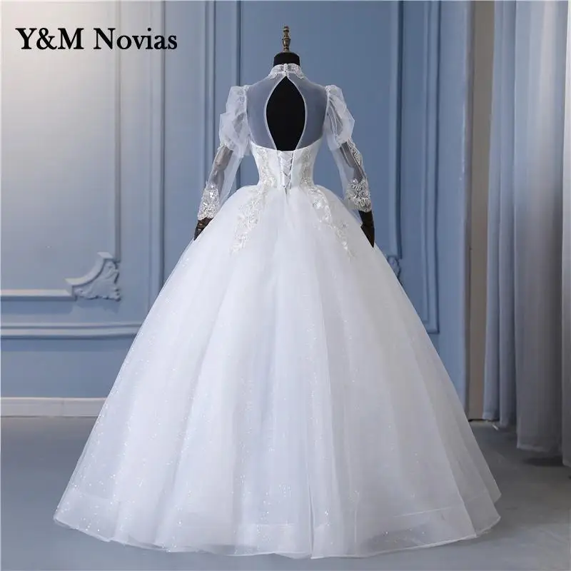 Y & m novias billig High Neck Perlen Brautkleid Dubai Stil Vintage Spitze Hochzeits kleid für Party Frauen Bridel Kleider lange Ärmel