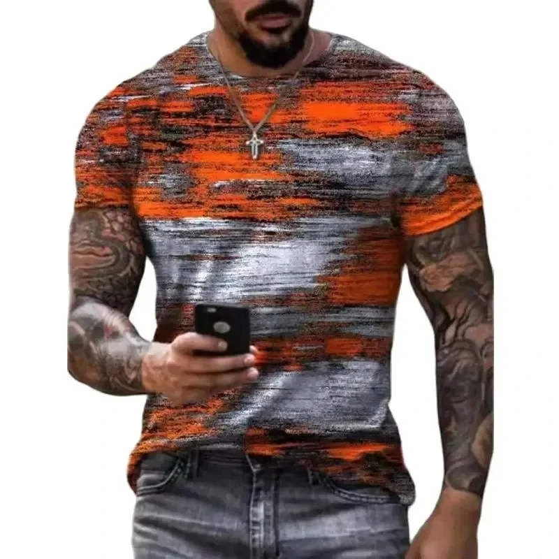 Vintage Color Block Pattern T-Shirt Men's Retro Stripe 3D Printed Short Sleeve Tees Unisex Oversized Street O-Neck Tops T Shirts