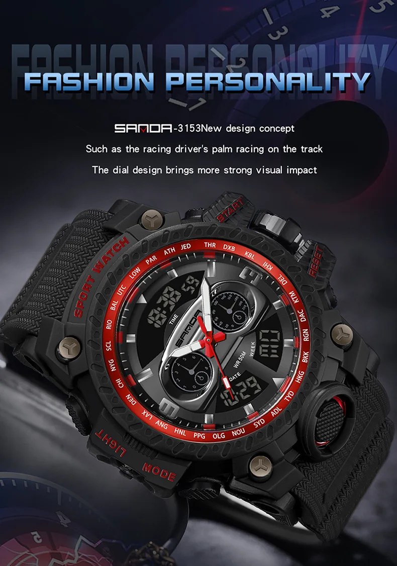 Sanda 3153 Hot Sale Model For Fashion Men Water Resistant Outdoor Sports Alarm Mode Luminous Dispaly Calendar Wrist Watch