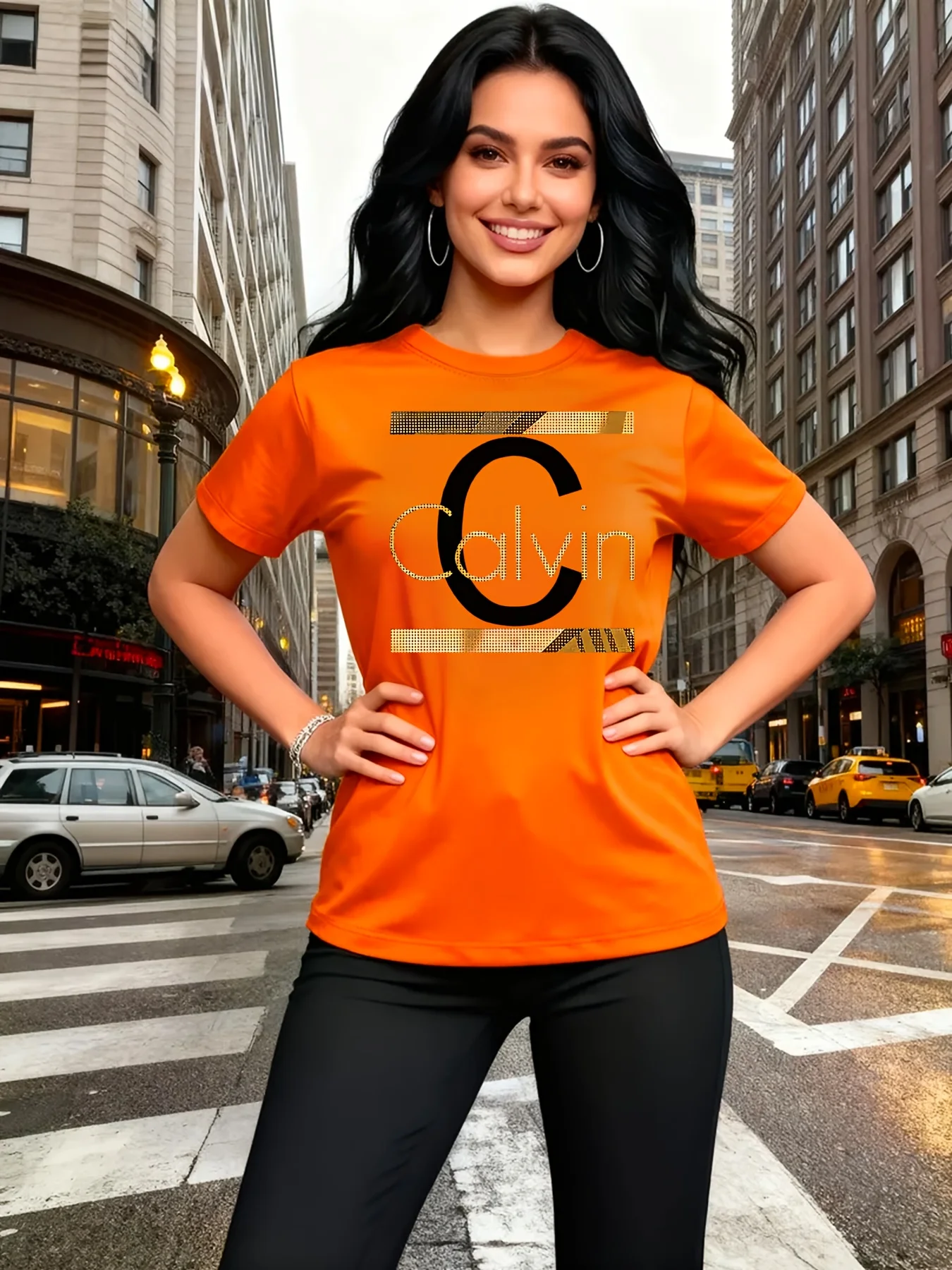 Calvin Letter Print Women's Tee - Gold Graphic Green Casual Top image 2