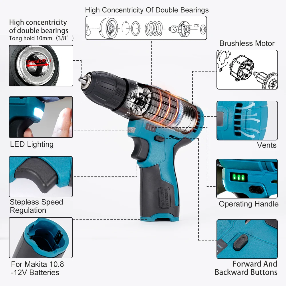 12V Brushless Electric Drill 3in1 Cordless Driller Driver Adjustable Speed Electric Impact Drill Screwdriver with Li-ion Battery