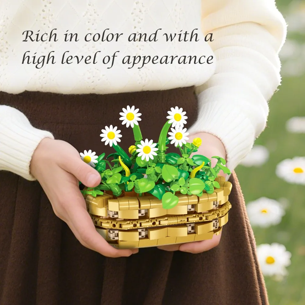 375 قطعة من مكعبات بناء نباتات الأقحوان - ديكور وعاء بونساي صغير للمكتب، لا حاجة إلى ماء هدية إبداعية للبالغين والمراهقين