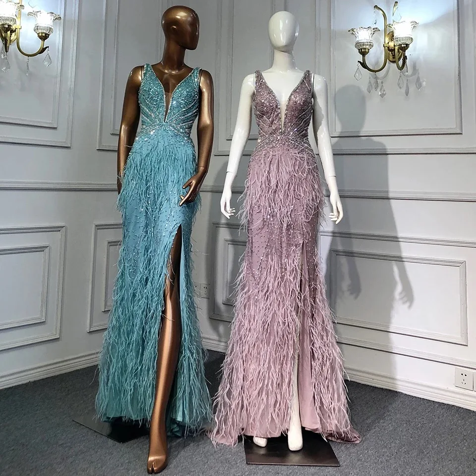 2022ใหม่ประดับด้วยลูกปัด Mermaid Evening Dresses กับขนยาวเซ็กซี่ชุดราตรีสำหรับผู้หญิง