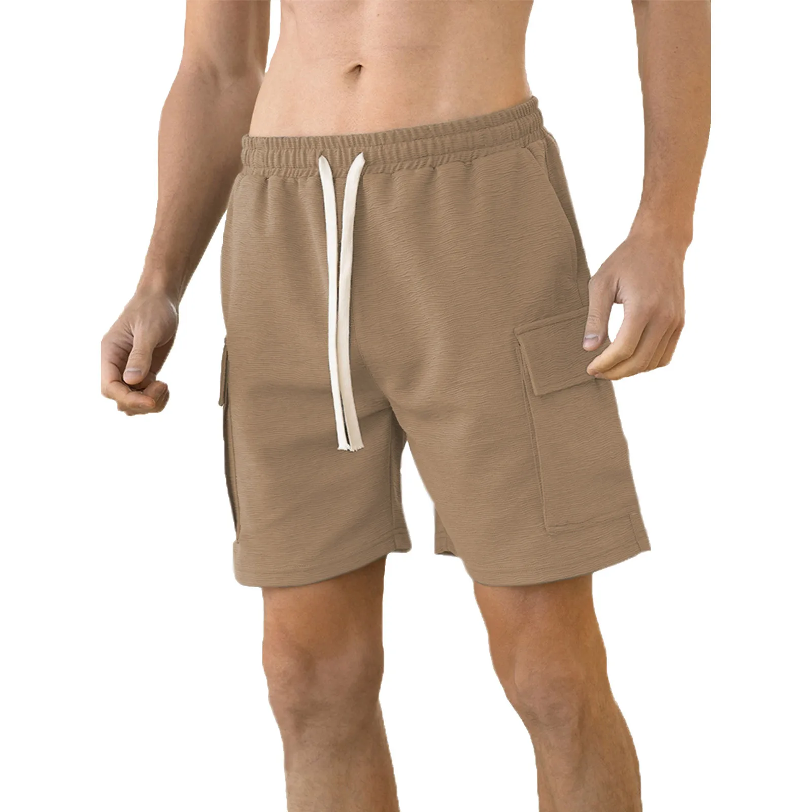 Pantalones cortos de punto con textura para hombre, Shorts de cintura elástica con cordón, informales, con bolsillos, para deportes al aire libre, Fitness, de verano