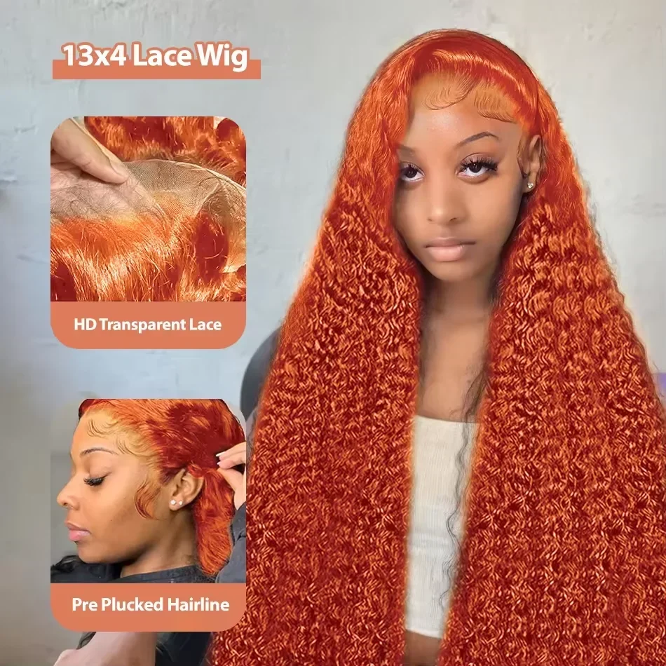 200% Deep Wave 30 36inch Orange Ginger 13x4 13x6 HD Transparent Lace Frontal Human Hair Wigs Brazilian Curly Front Wig For Women