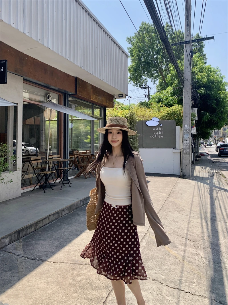 

Повседневный комплект с длинными рукавами и юбкой в ​​горошек, женский комплект на весенний сезон, свободный кардиган, комплект из двух предметов, модный ансамбль