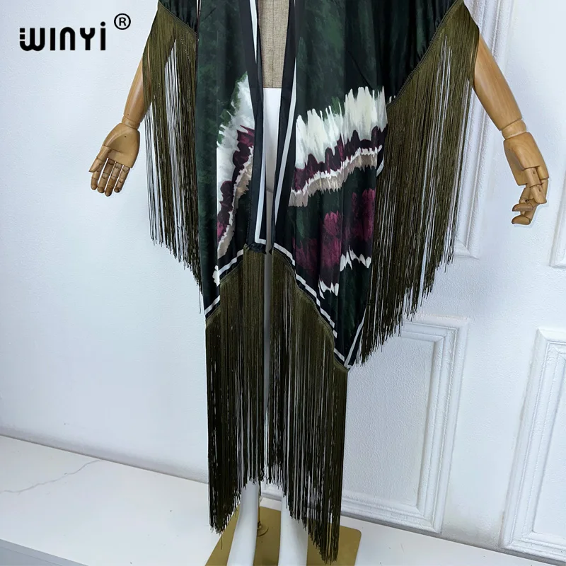 WINYI-kimono playero para mujer, Vestido largo de manga larga, cárdigan sexy con borlas, poncho para vacaciones, verano, 2024