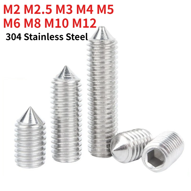 1-30pcs 304 Stainless Steel Cone-Point Hexagon Socket Set Screw, DIN 914 Headless Grub Screw, M2 M2.5 M3 M4 M5 M6 M8 M10 M12