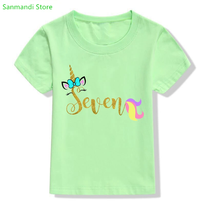 

Kawaii Kids Clothes Unicorn 3-10th Birthday Gift Tshirt Girls Harajuku Shirt Summer Children Clothing Streetwear Green T-Shirt