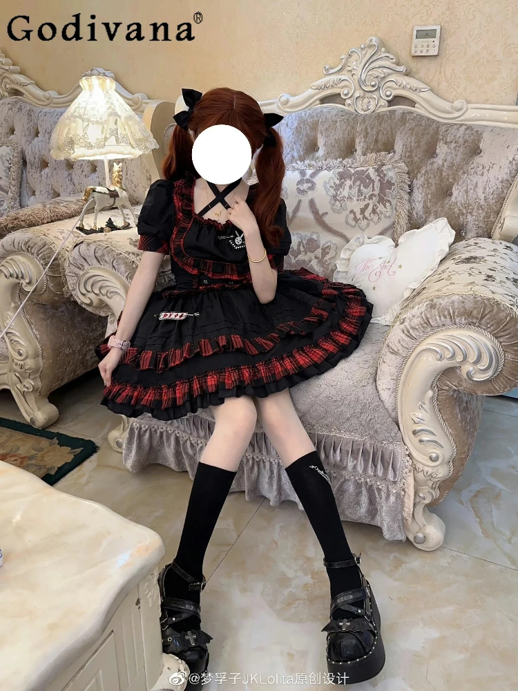 

Sweet Cool Rock Punk Lolita Short Puff Sleeve Square Collar Tops Spring Summer Girls Plaid Cake High Waist A-line Skirt Sets