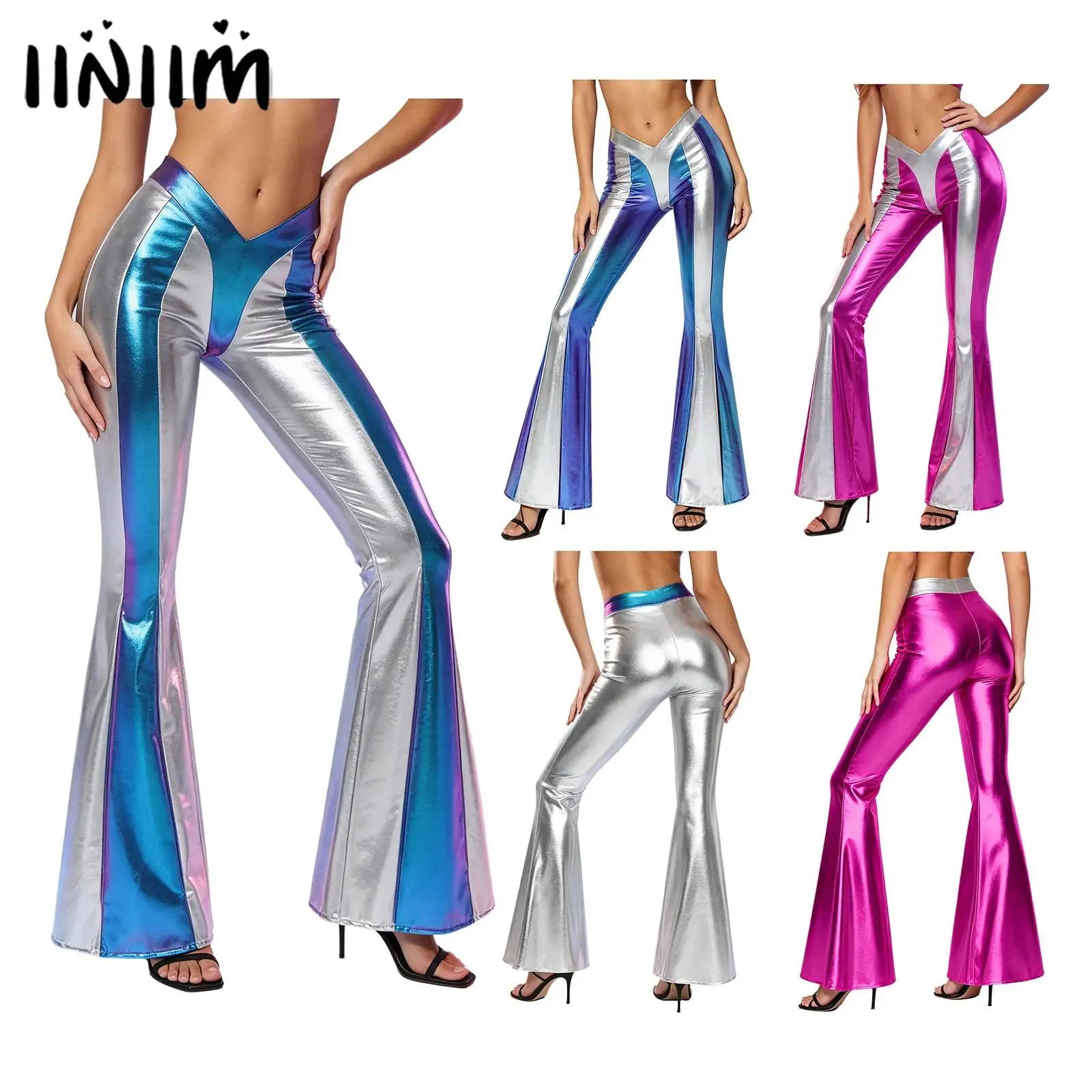 Womens Shiny Metallic Flare Bell‑Bottom Pants 70s Retro Disco Costume Color Block Trousers Halloween Cosplay Club Dance Outfits