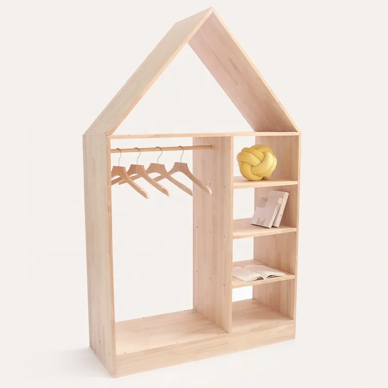 Factory Hot Sale Display Detachable House-shape Coat Hangers Clothes Storage Rack Wooden Cabinet for Kids Bedroom