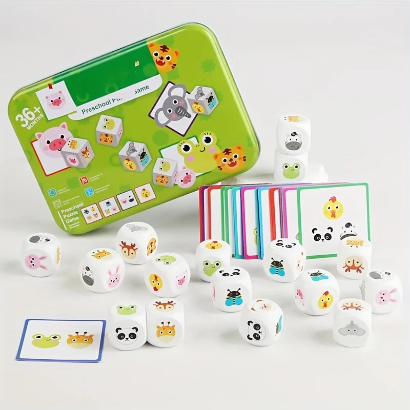 Tier-passendes Kartenspiel, Würfel aus Holz, Tierpuzzles für Kleinkinder, Vorschul-Lernaktivitäten, Spielzeug für Kinder, Reisen, Brettspiele