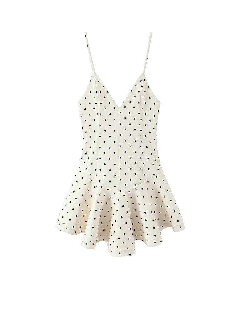 

Women's Polka Dot Spaghetti Strap Mini Playsuits V-Neck Ruffle Hem Flared Rompers for Summer & Vacation Jumpsuits