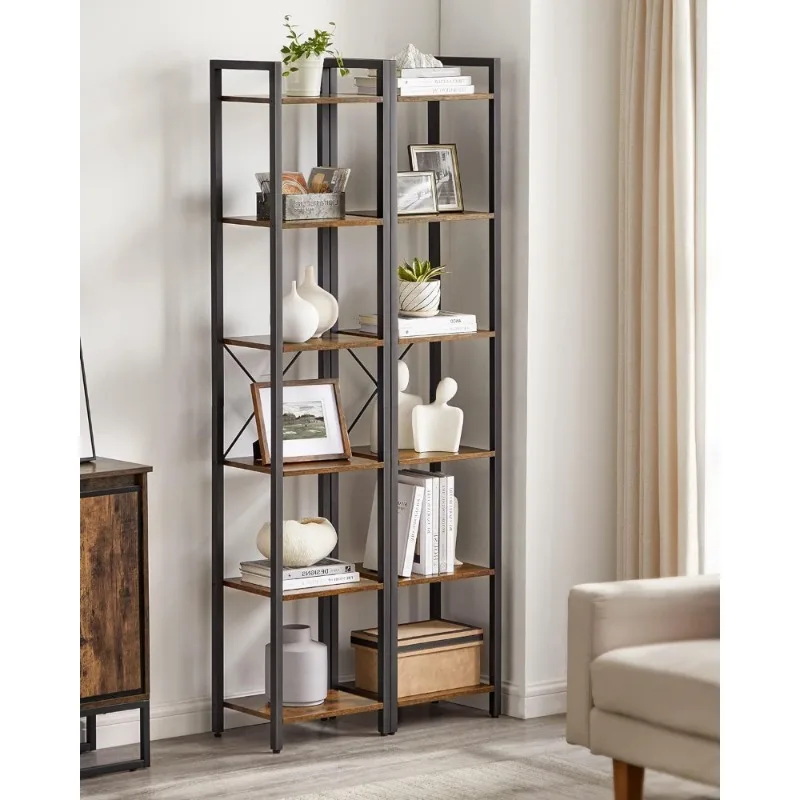 

6-Tier Tall Bookshelf, Narrow Bookcase with Steel Frame, Skinny Book Shelf for Living Room, Home Office, Study, Industrial Style