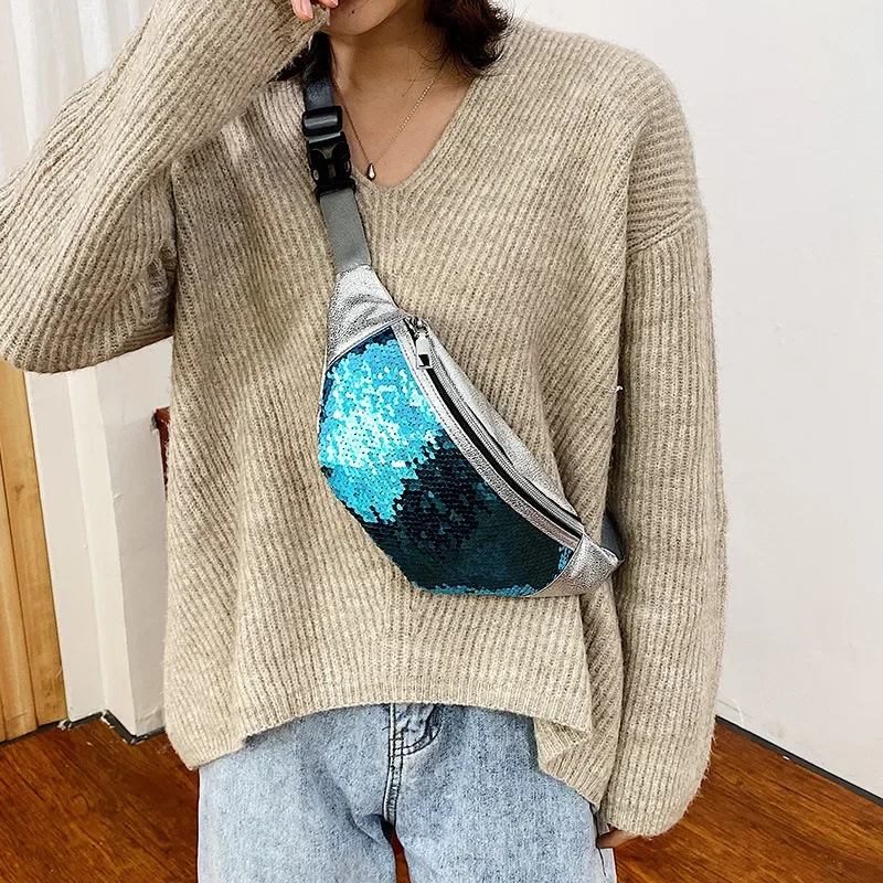 fanny pack women's new mobile phone messenger bag, spring and summer women's fashion PU laser fanny pack breast bag