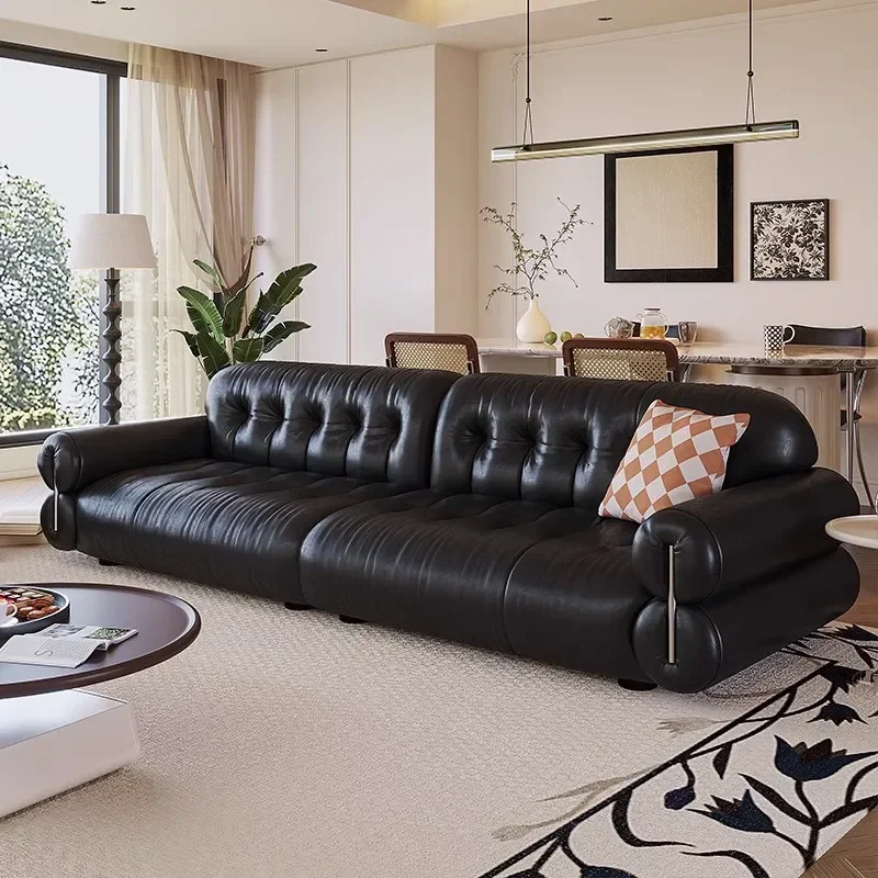 Living room furniture straight row black leather sofa French retro brown sugar cloud sofa sofa combination