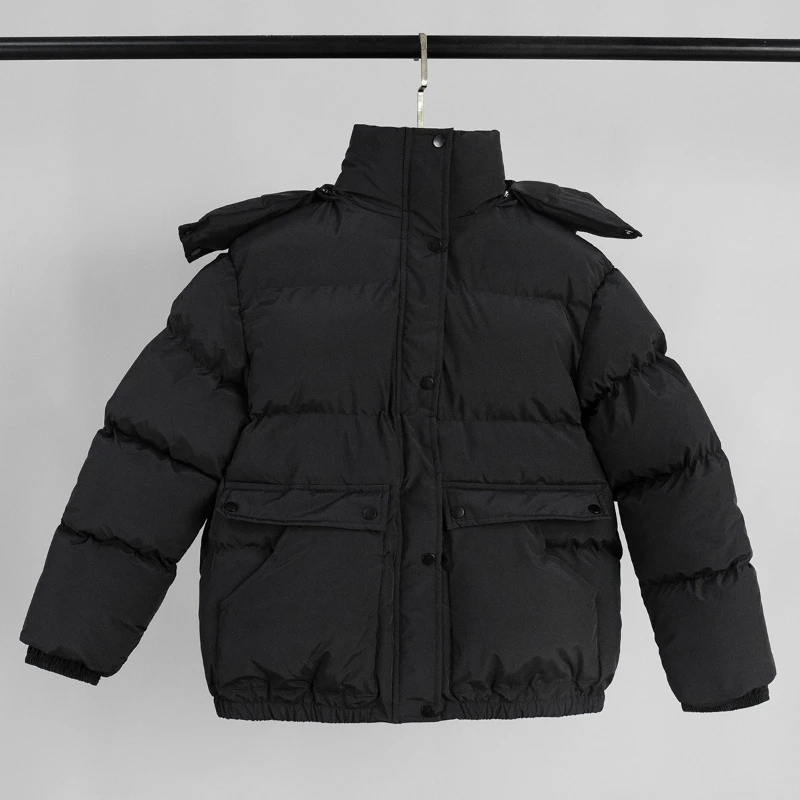 

Black Warm Hooded Down Jacket Female Loose Waterproof Puff Jackets Women White Duck Down Parker Zipper Cotton Outwears