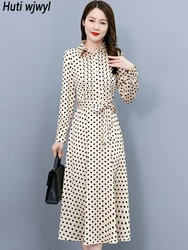 2024 Polka Dot Silk Satin Midi Dress Spring Autumn Polo Collar Office Lady Shirt Dress Women Casual Elegant Bodycon Party Dress