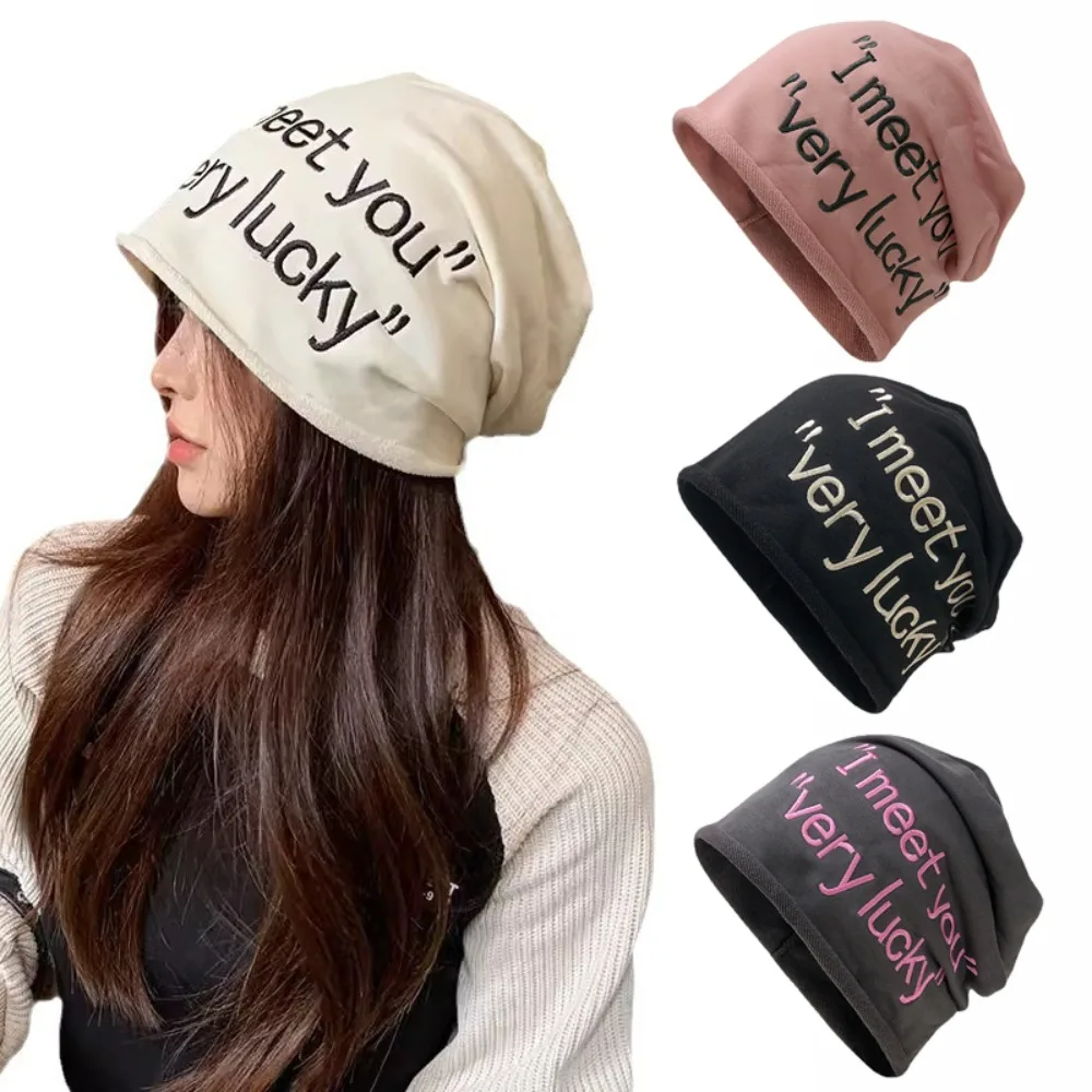 

Fashion Cotton Letter Pile Hat Solid Colors Ear Protectors Thin Pile Cap Letters Embroidered Breathable Skullcap Girls