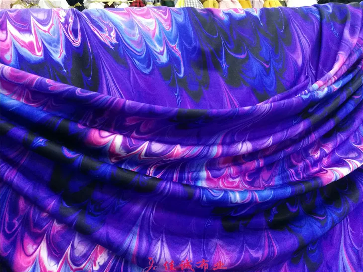 YLM Large Stretch Spandex Fabric Purple Flame Printed Bradin Dance Wear Swimsuit Dress DIY Fabric