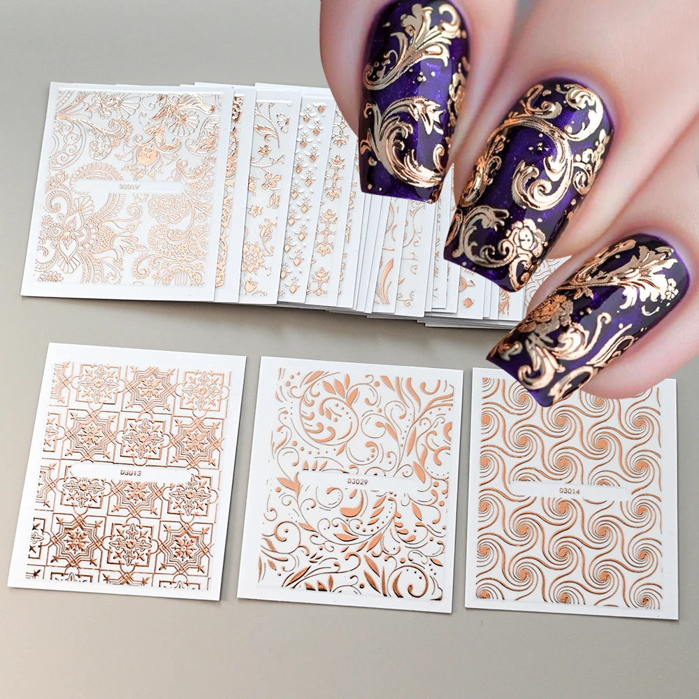 30pcs Gold Hollow Lace Flowers Nails Stickers Set Sexy Fishnet Mandala Pattern Nail Slider Decals DIY Manicure Charm Decorations