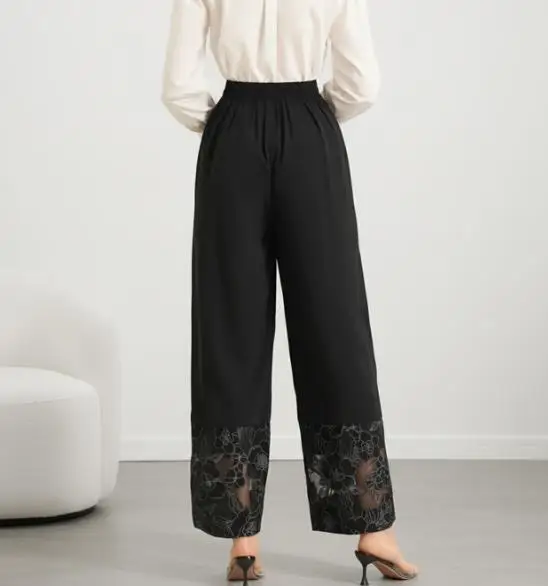 

2026 Spring & Summer New Black Perspective Lace Splicing Straight Pants for Women Daily Clothing Female Fashion Wide Leg Pants