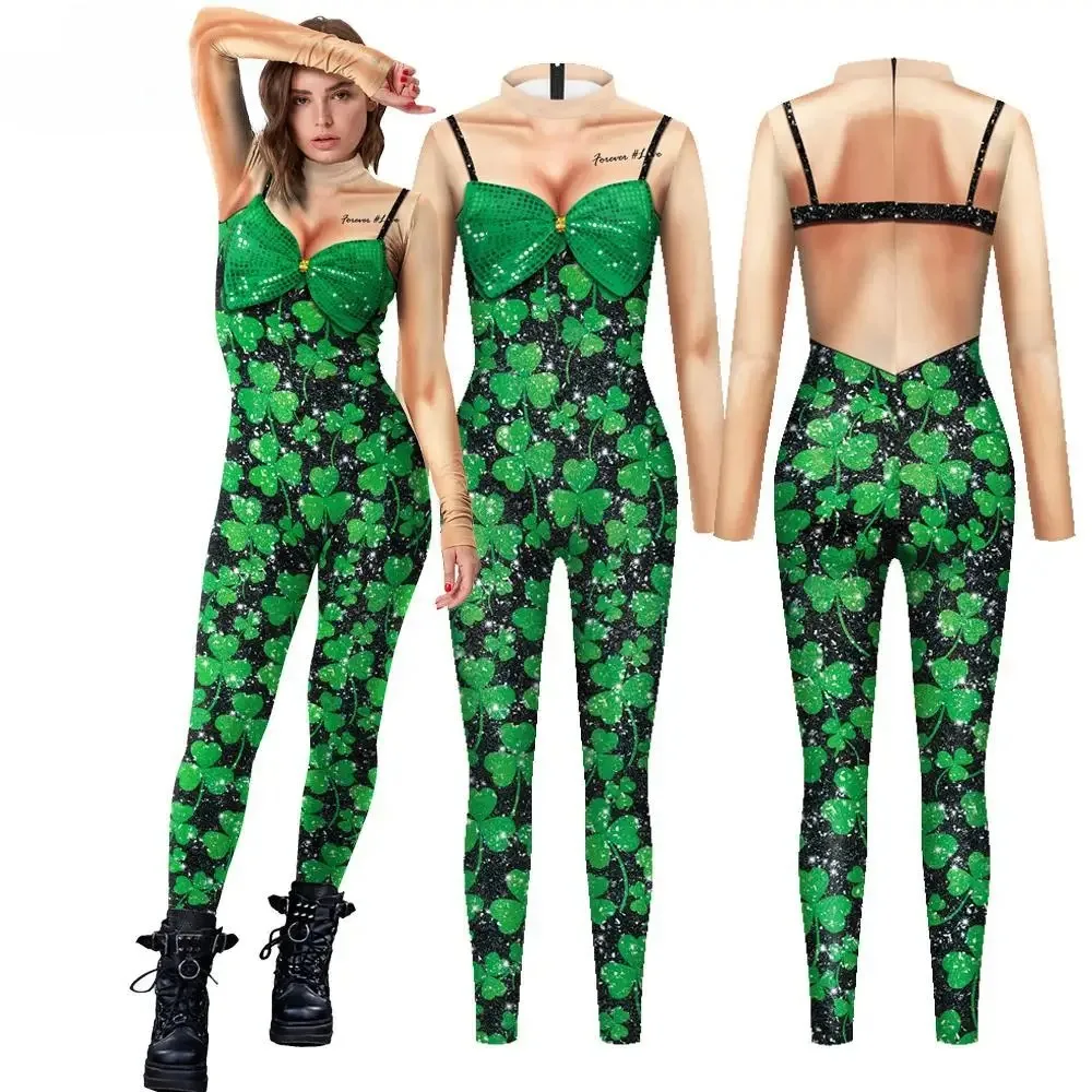 Clover Printed Jumpsuit Women Lucky St. Patrick's Day Clothes Green Holiday Sexy Zentai Suit Long Sleeve Bodysuit