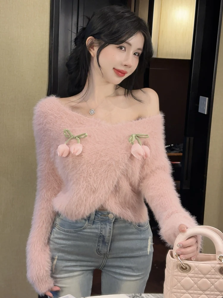 

Короткий топ с открытыми плечами, свитер Mujer, джемпер из джерси, пуловер, зимняя одежда, женские вязаные свитера Sueter с 3D цветами, Pull Femme