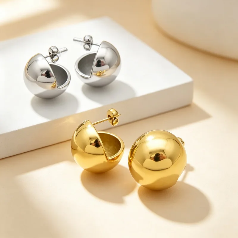 Kalen Stainless Steel Dome Ball Earrings Gold Silver Color Half-Sphere Huggie Studs For Women Girls Ladies Fashion Jewelry Gift