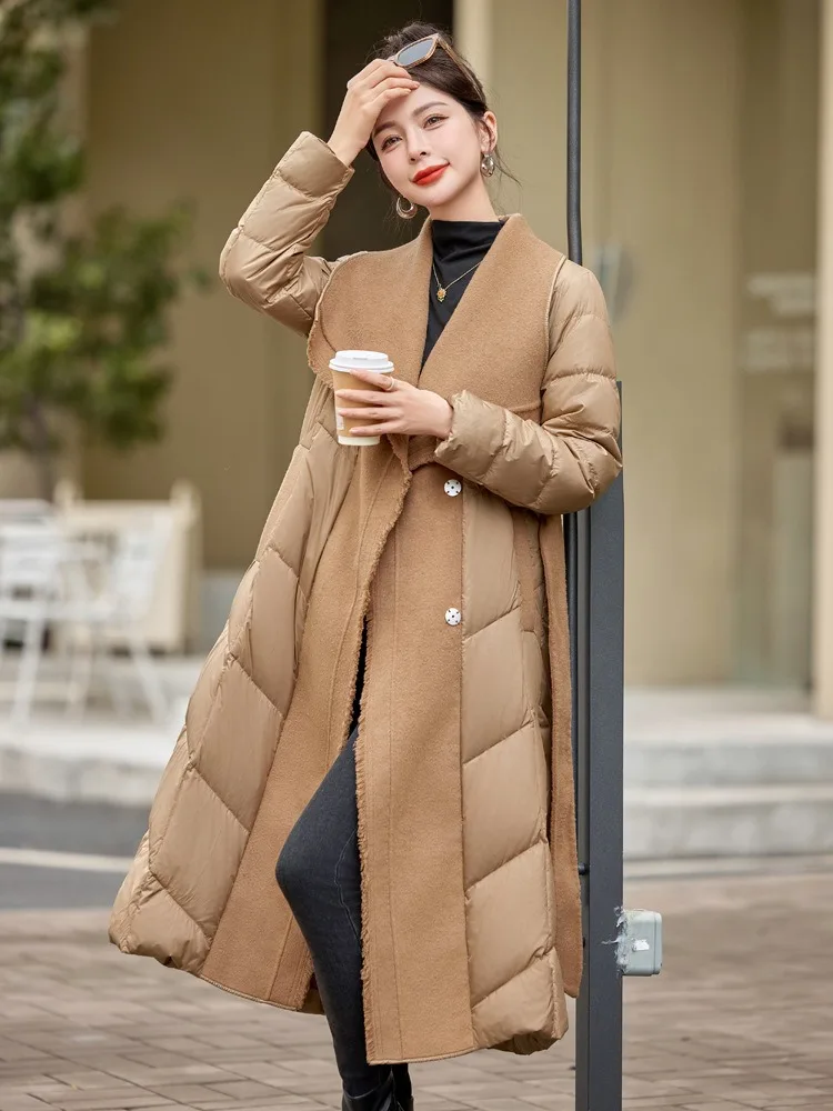 Femmes 2025 nouveau hiver haut Long vêtements épaissi chaud blanc canard vers le bas manteau Patchwork laine gland doudoune femme