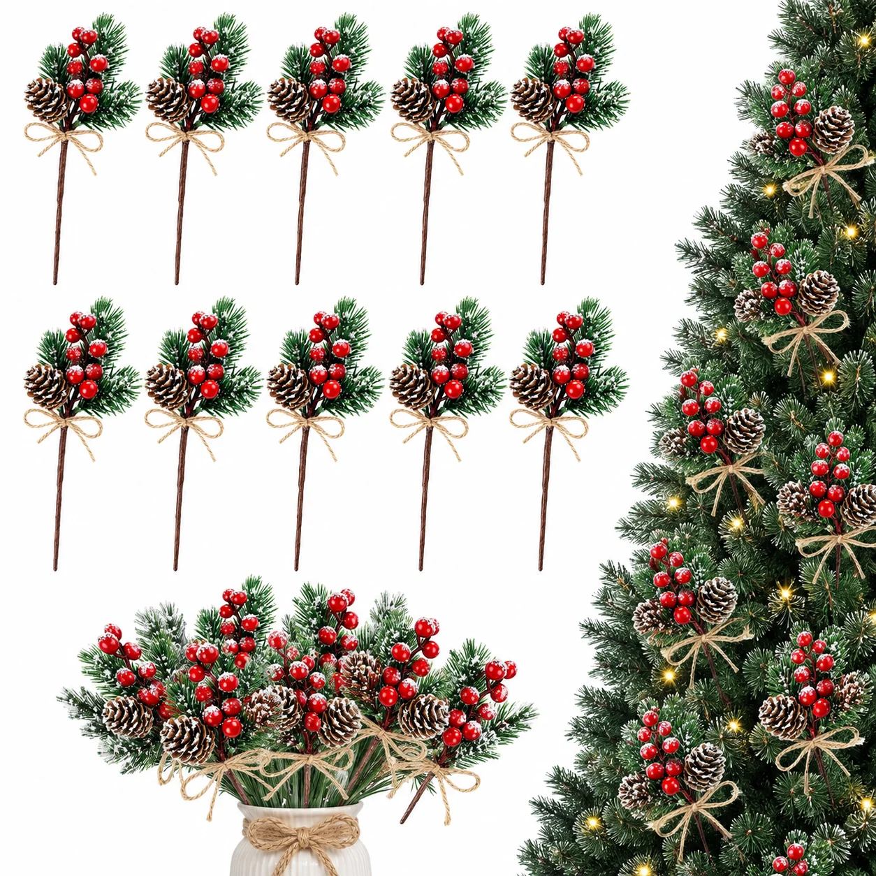 5/10 Stück Künstliche Tannenzapfen Weihnachtszweige Kunstpflanzen für Wohnzimmer, Party, Blumenkränze, Geschenke, DIY Weihnachtsdekoration – Detail 1